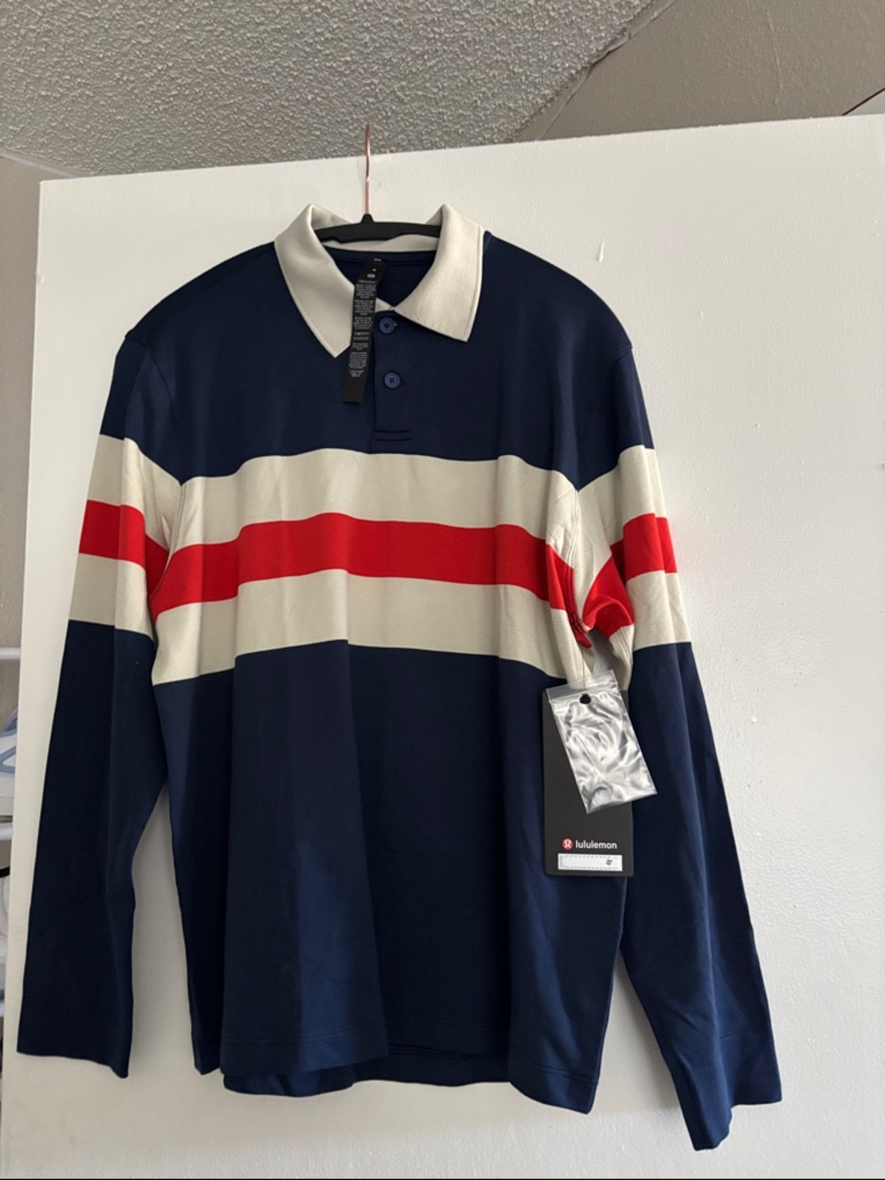 lululemon athletica Navy Long-Sleeve Rugby Polo with Red & Cream Stripes